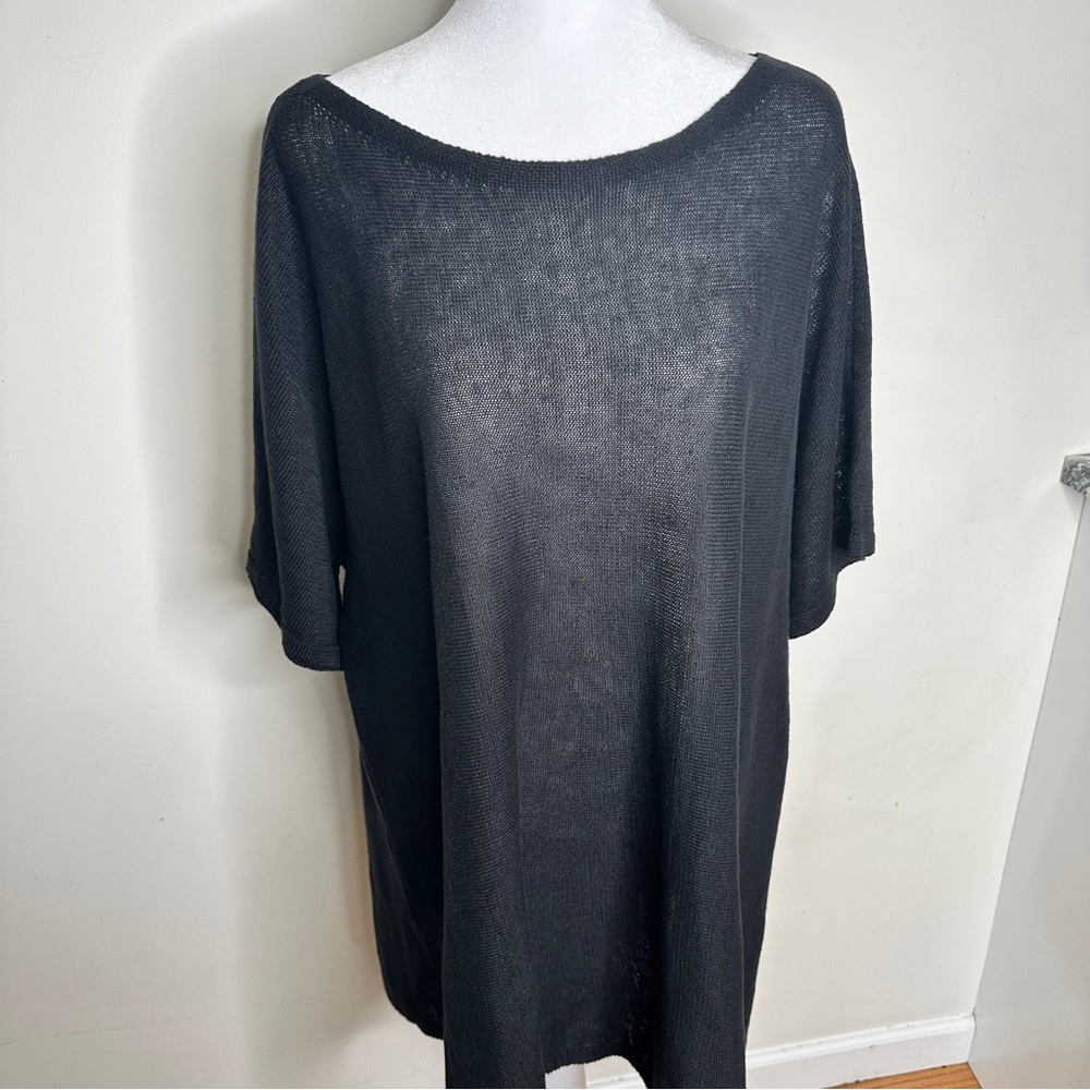 Eileen Fisher Short Sleeve Asymmetrical Tunic Linen Sweater Size XL Black